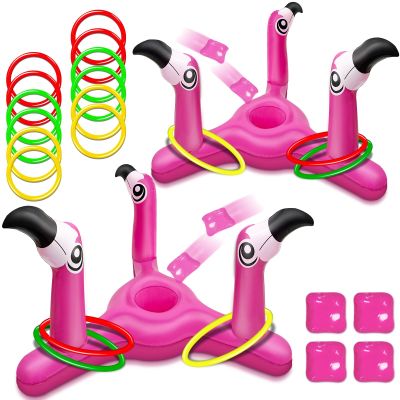 2 Pack Inflatable Flamingo Pool Toys Games Set, 2-in-1 Floating Pool Rings Toss & Cornhole Summer Swimming Luau Party Decor Hawaii Beach Toy Luau Party Games Supplies for Adults