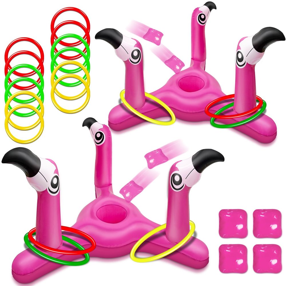 2 Pack Inflatable Flamingo Pool Toys Games Set, 2-in-1 Floating Pool Rings Toss & Cornhole Summer Swimming Luau Party Decor Hawaii Beach Toy Luau Party Games Supplies for Adults