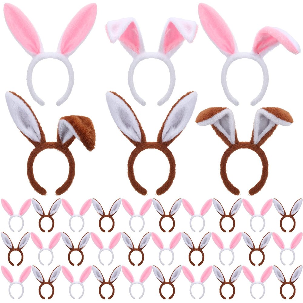 Tigeen 36 Pcs Easter Bunny Headband, Plush Rabbit Ear with Bendable Wire, Cute Bunny Headwear for Kids Adults Easter Egg Hunt(Pink, Brown)