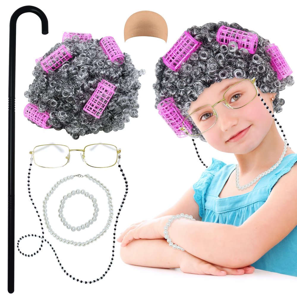 4E's Novelty Old Lady Costume for Kids - for 100 Day of School Grandma Costume for Girls, Wig, Cane Glasses Accessory for Toddlers age 3-10 (7 Pcs Set)