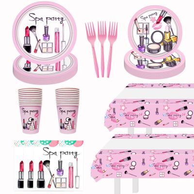 122pcs Spa Party Plates Napkins Cups Forks Tablecloth Tableware Kit for Girls Makeup Spa Day Birthday Supplies Decorations - 20 Guests