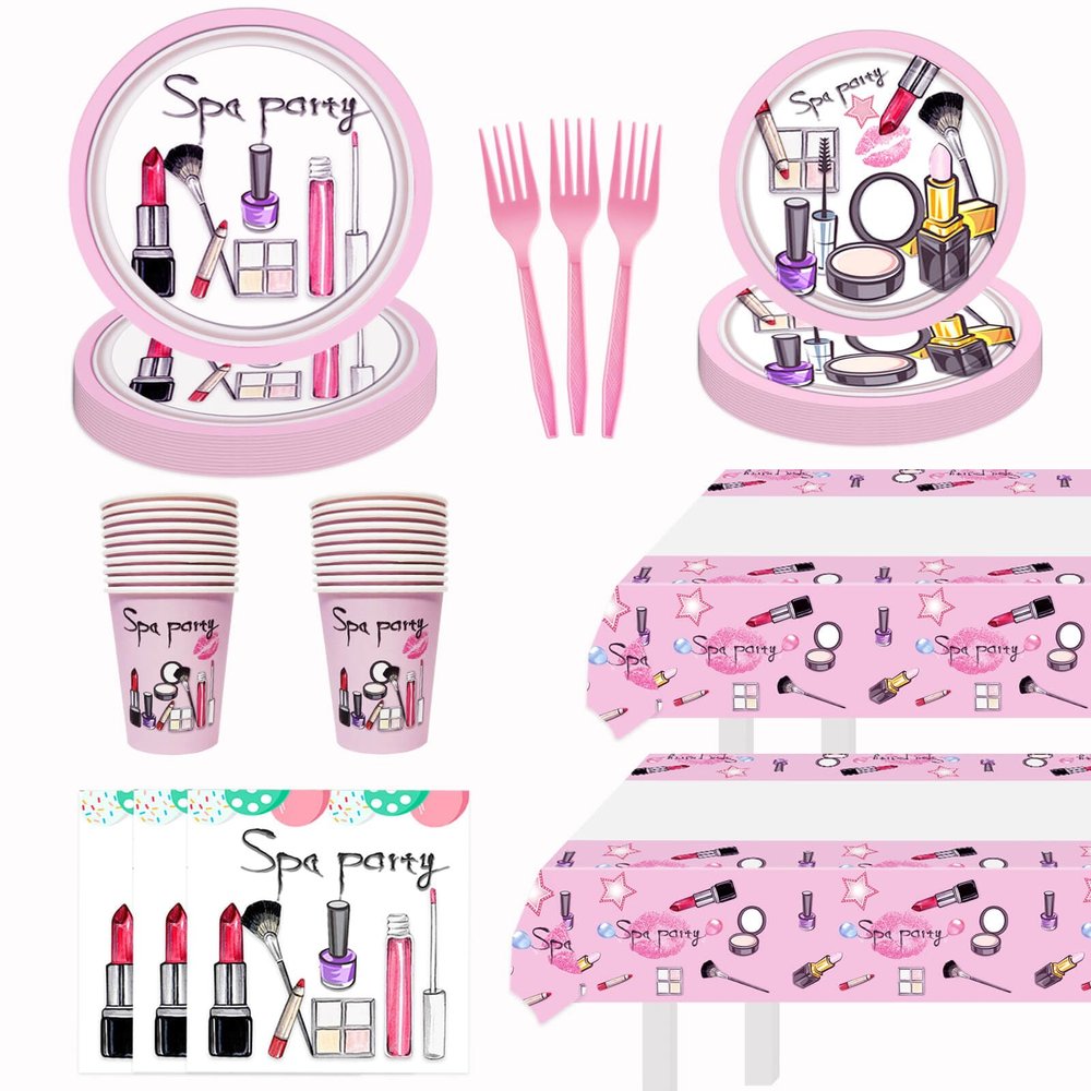 122pcs Spa Party Plates Napkins Cups Forks Tablecloth Tableware Kit for Girls Makeup Spa Day Birthday Supplies Decorations - 20 Guests