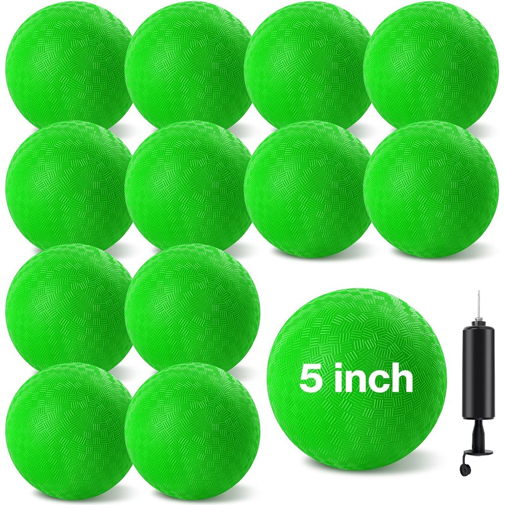 HSLCGF 12 Pcs Dodgeballs 5 Inch Playground Ball Kickball Green Inflatable Rubber Handball Bouncy Dodge Ball with 1 Hand Pump for Outdoors Ball Games Gym Camps Picnic (Needle is at The Top of the Pump)