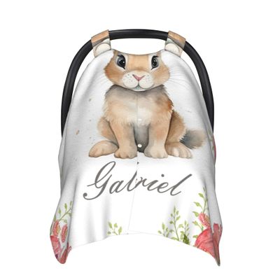 Personalized Car Seat Cover Baby Girl Boy with Name Minky Blankets Custom Rabbit Winter Car Seat Covers for Babies Peekaboo Opening Infant Car Seat Cover Nursing Cover Carseat Canopy