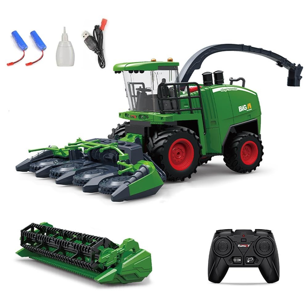 GoolRC Remote Control Tractor Farm Harvester, 1:24 Scale RC Harvester with 2 Harvesting Heads, RC Tractor Truck with Spray/Light/Sound Effects, 2.4GHz Electric Truck with 2 Batteries for Teens