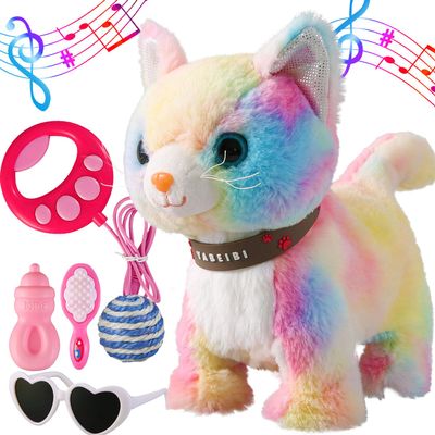 Colorful Leash Walking Cat Set Singing That Purrs and Meows Animated Plush Robot Kitten Moving Plush Realistic Stuffed Animal Remote Control Cute Kawai Robotic Kitty Toy for Girl
