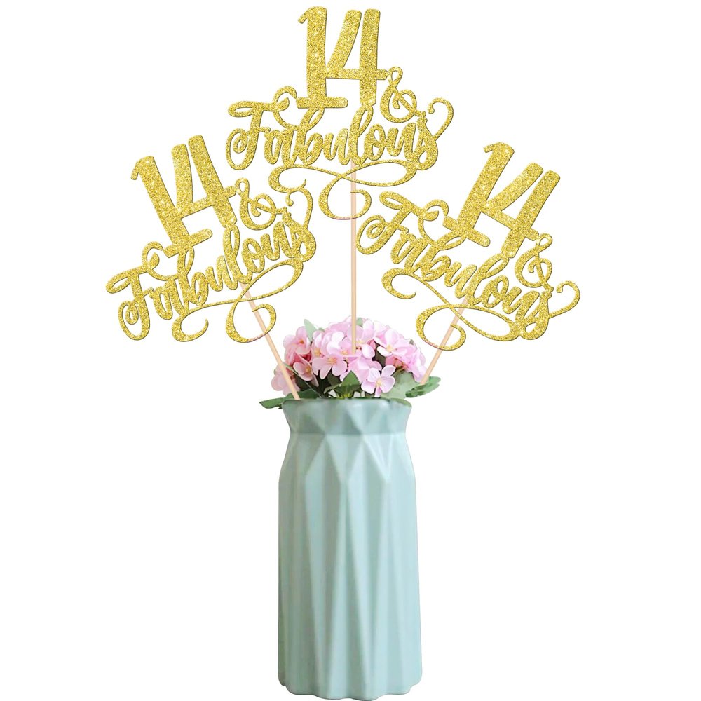 12 Pack 14 & Fabulous Centerpiece Sticks Assembled Glitter Fourteen and Fabluous 14th Birthday Table Centerpiece Sticks for Cheers to 14 Years Old 14th Birthday Theme Party Supplies Gold