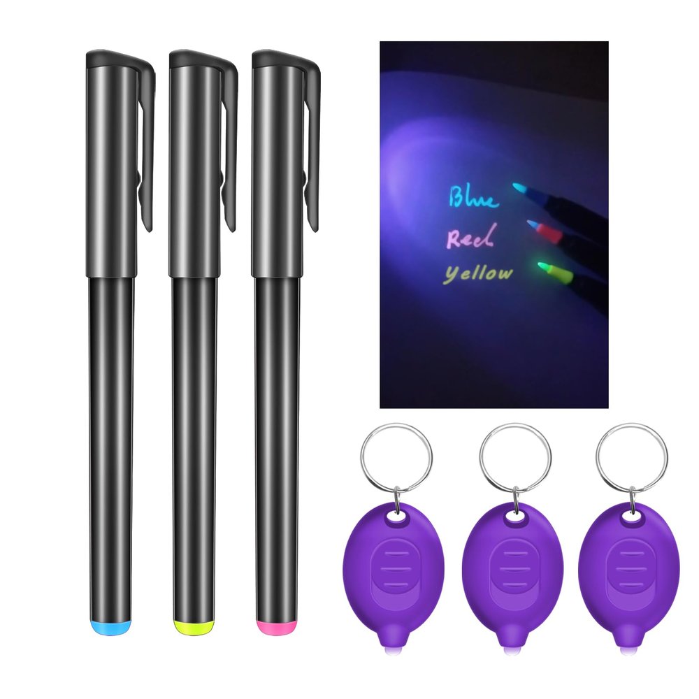 Daemson Invisible Ink Pen, Spy Pen with 3 PCS Mini UV LED Keychain Flashlight, Disappearing Ink Magic Pens with Black Light Markers for Secret Notes, Fit for Christmas Halloween Holiday Gifts (3 PCS)