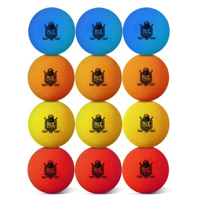 ACE HOCKEY Mini Hockey Balls - Set of 12 Soft Foam Balls - 2" Size - Indoor Safe for Knee, Floor Hockey Training & Fun - Multiple Colors Included (Multi)