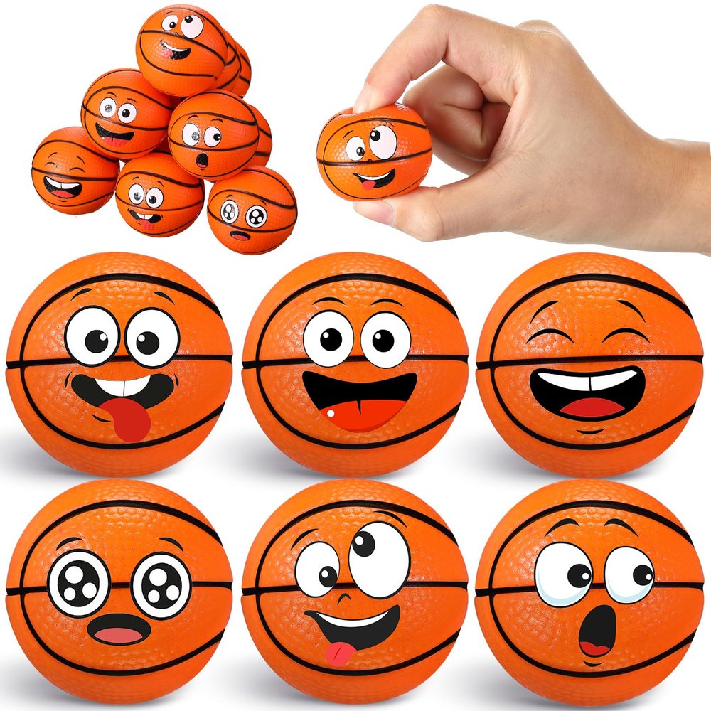 Arrowbash 12 Pcs Mini Face Stress Balls for Boys Girls Sport Funny Face Squeeze Foam Balls for Stress and Anxiety Relief for Party Favors Birthday Gift Decoration(Basketball)