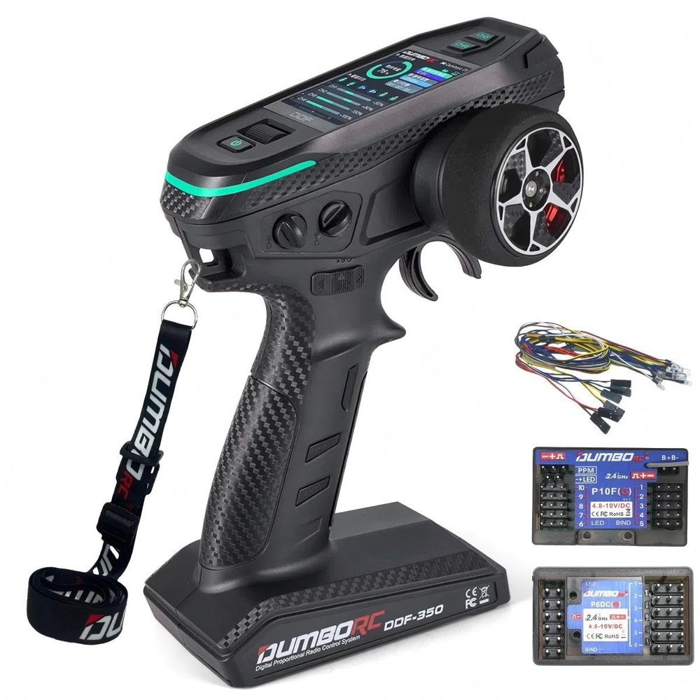 DUMBORC RC Radio Transmitter and Receiver 10 Channel DDF-350 with P10FG X6DCG Receiver 12 Lights HD Screen 10CH Remote Controller for RC Car Truck Crawler Boat Tank (W/ 2 Receiver 12 Lights)