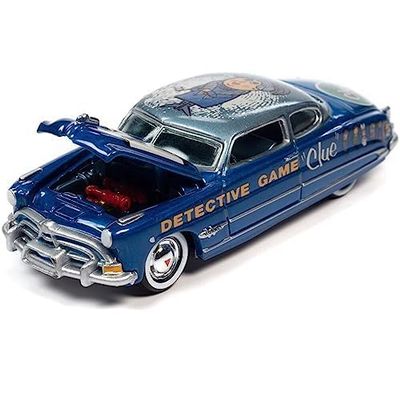 1951 Hudson Hornet Blue Metallic Vintage Clue Mrs. Peacock with Poker Chip Collector's Token Pop Culture 2022 Release 3 1/64 Diecast Model Car by Johnny Lightning JLPC008-JLSP270