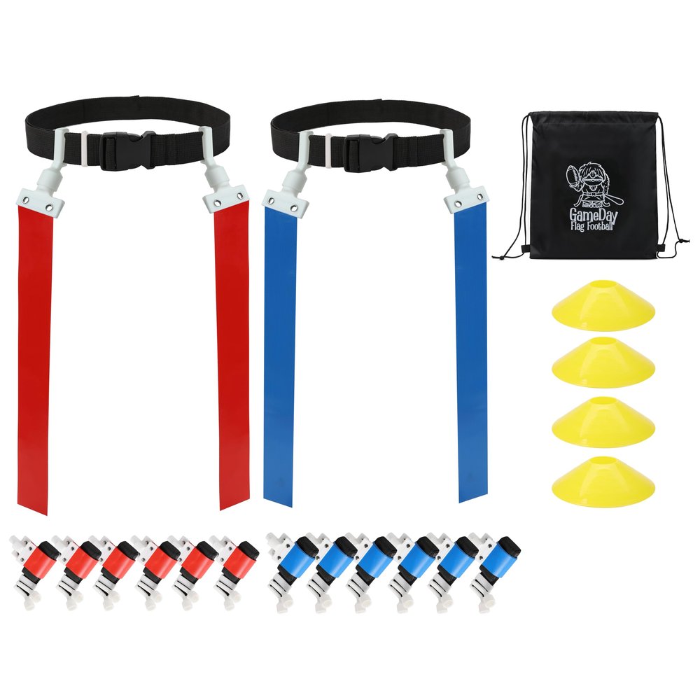 12 Player (6 RED vs 6 BLUE Pop Flags) Pop Flag Football Set-Complete w/Flags, Belts, Agility cones and Carry Bag