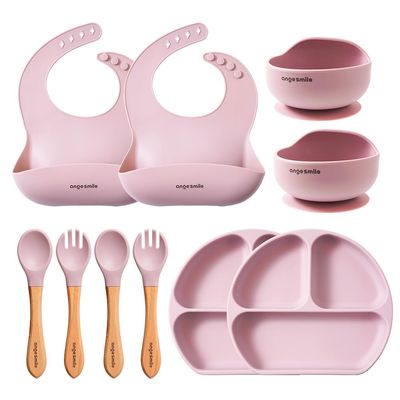 Baby Feeding Essentials Silicone Ange Smile 12 Set Bib, Baby Bowl, Suction Plate, Spoon, Fork Eating Utensils for 6+ Months Kids Toddler Kawaii (Pink)
