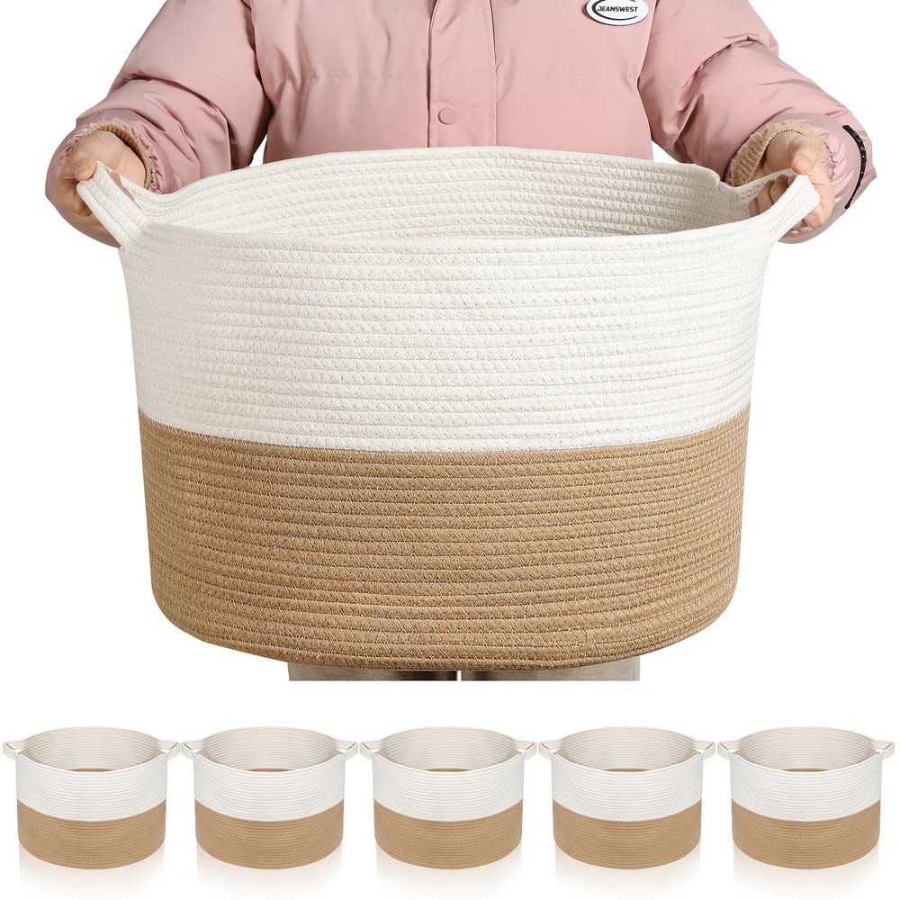 Sawysine 6 Pcs 20 x 20 x 13 Inch Extra Large Cotton Woven Basket with Handle Woven Laundry Blanket Baskets for Organizing Storage Rope Basket for Cloth Blanket Toy Living Room Bathroom