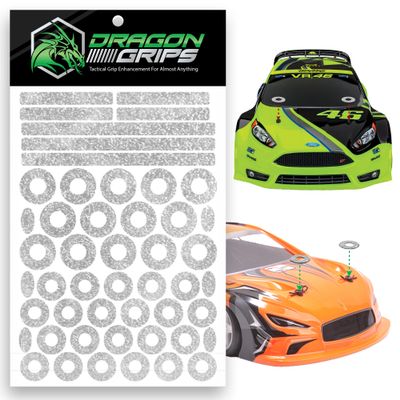 Dragon Grips RC Body Clip Hole Protectors, 49pc Clear PVC Stickers for 1/10 RC Crawler Body Shells, Stick-on Accessories That Prevent Clip Hole Damage and Cracking, Protect Custom-Painted Bodies