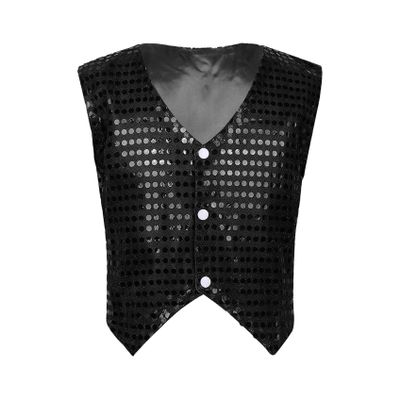 Sinleey Girls Boys Sequins Vest Waistcoat Kids Metallic Jacket Shirt Hip Hop Jazz Dance Performance Competition Costume Black 7-8 Years