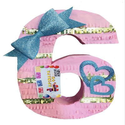 APINATA4U Number Six Pinata Sixth Birthday Girls Block Theme Birthday Party Supplies Decorations Pink Gold Color Bow Accent