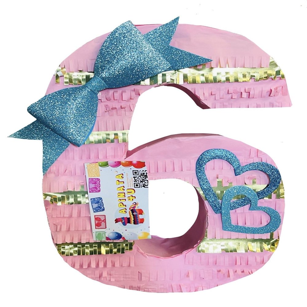 APINATA4U Number Six Pinata Sixth Birthday Girls Block Theme Birthday Party Supplies Decorations Pink Gold Color Bow Accent
