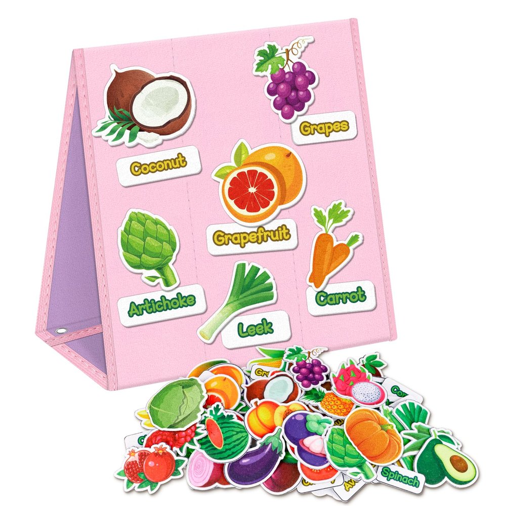 AKAYOK Foldable Felt Board for Toddlers Felt Pieces Fruit Vegetable Felt Flannel Board Pieces Learning Fruit Vegetable with Name Double Sided Felt Story Board Reusable Wall Hanging Gift for Kid