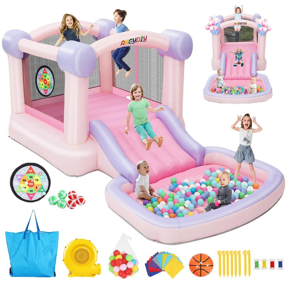 AKEYDIY Pastel Dream Bounce House for Kids 3-10, 161x82x63 inch Water Bounce House w/Slide,Ball Pit/Pool, Pink Bounce House UL Blower &50 Plastic Balls, Water Slide Bounce House Outdoor Backyard