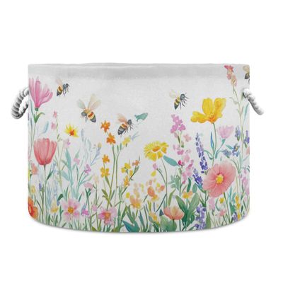 xigua Wild Flowers Cotton Rope Basket with Handle, Baby Storage Laundry Hamper for Clothes Blankets Toys, Large Round Storage Basket for Bedroom Bathroom Nursery Decor