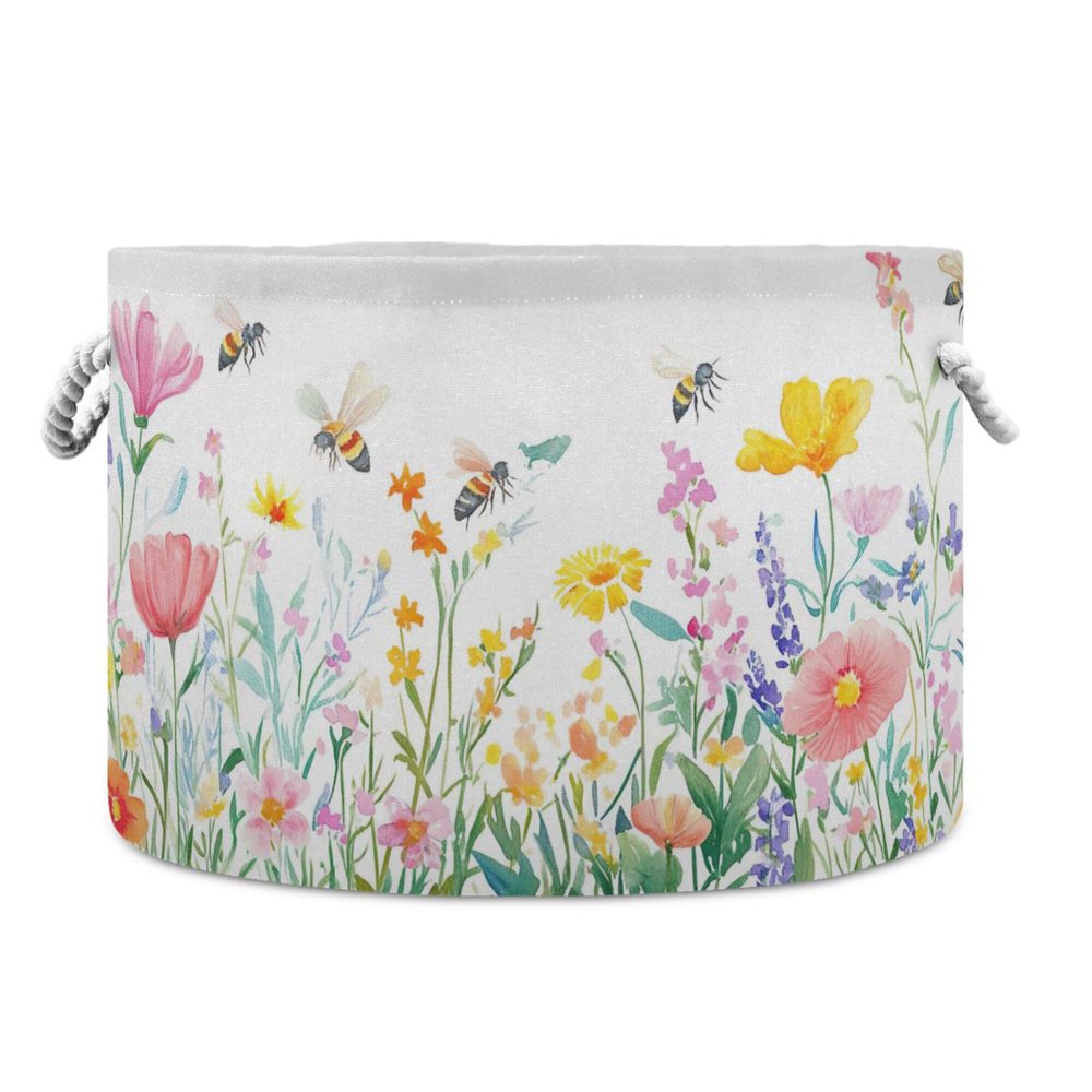 xigua Wild Flowers Cotton Rope Basket with Handle, Baby Storage Laundry Hamper for Clothes Blankets Toys, Large Round Storage Basket for Bedroom Bathroom Nursery Decor