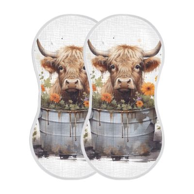 AMmao Cute Highland Cow Flower Bucket Burp Cloths 2 Pack Muslin Burping Cloth Cotton Burp Towel Soft Absorbent Baby Burp Cloths for Boys Girls Newborn 22 x 11 in