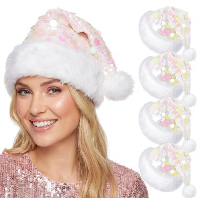 Funnysoft 4 Pcs Christmas Hat Adult Sequin Santa Hat with Plush Brim Thicken Velvet Xmas Hats for Women Men Holiday Party(Iridescent,Novelty)