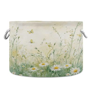 xigua Wild Flowers Cotton Rope Basket with Handle, Baby Storage Laundry Hamper for Clothes Blankets Toys, Large Round Storage Basket for Bedroom Bathroom Nursery Decor