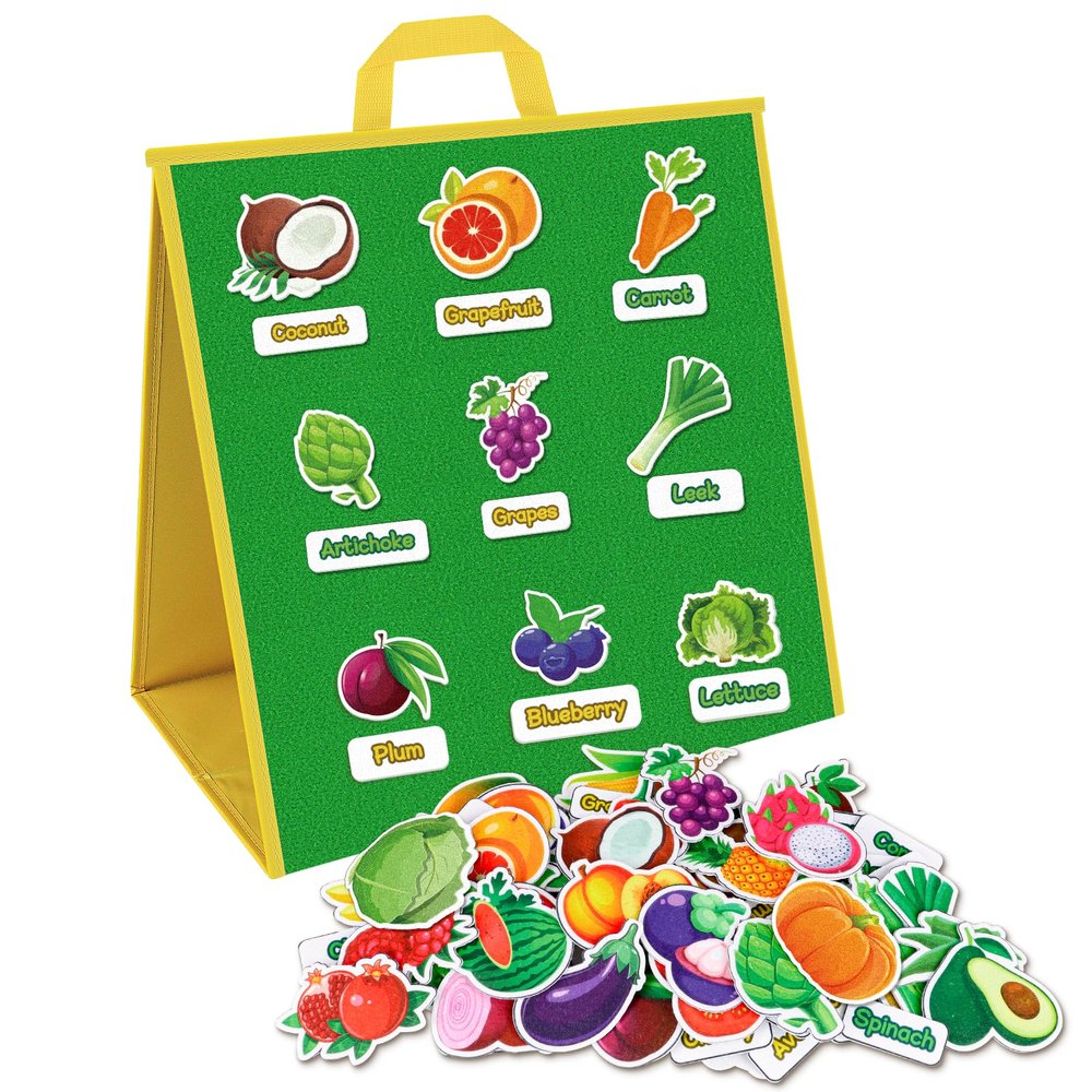 AKAYOK Foldable Felt Board for Toddlers Felt Pieces Fruit Vegetable Felt Flannel Board Pieces Learning Fruit Vegetable with Name Double Sided Felt Story Board Reusable Wall Hanging Gift for Kid