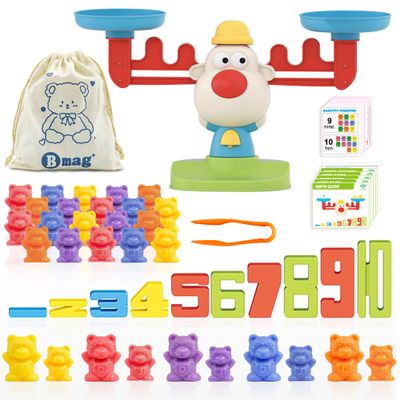 Bmag Balance Math Toys, 3 in 1 Counting Stacking and Balancing Math Learning Game for Kids, STEM Learning Activities Educational Toys with 30 Bears, 10 Numberblocks, 1 Tweezers, 11 Activity Cards