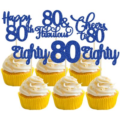 30 Pack Happy 80th Birthday Cupcake Toppers Dark Blue Glitter Eighty Cheers to 80 Years Old Birthday Cupcake Picks for Happy 80th Anniversary Party Cake Decorations
