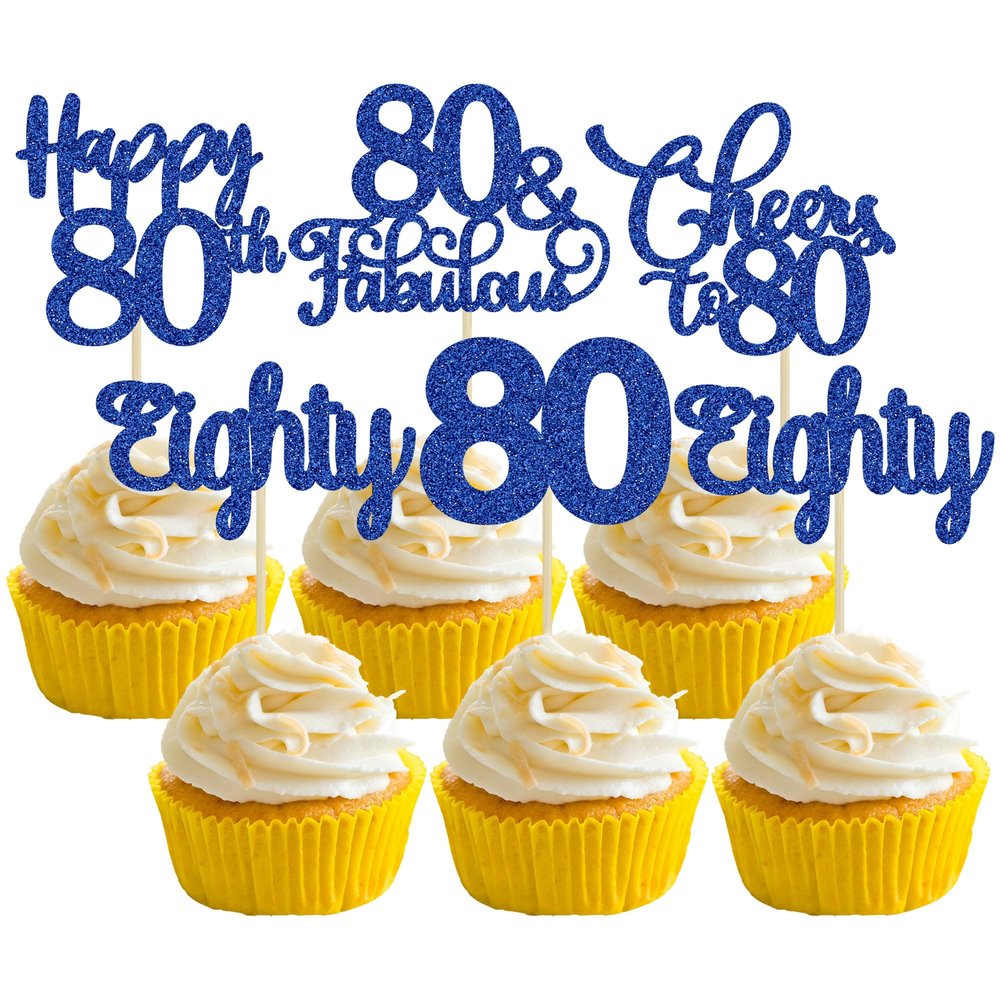 30 Pack Happy 80th Birthday Cupcake Toppers Dark Blue Glitter Eighty Cheers to 80 Years Old Birthday Cupcake Picks for Happy 80th Anniversary Party Cake Decorations