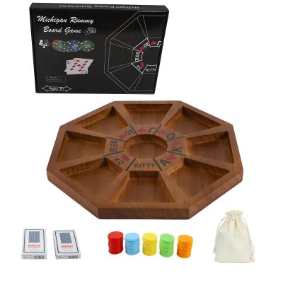 Jyquorp Michigan Rummy Game Deluxe Set Perfect Blend of A Royal Game of Hearts Rummy Poker Wooden Tripoley Board Game Betting Bluffing Game Classical Family Card Game for 100 ChipsWalnut