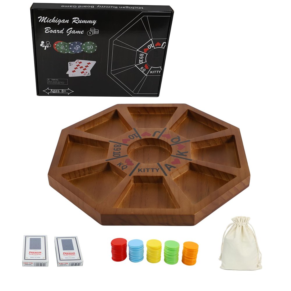 Jyquorp Michigan Rummy Game Deluxe Set Perfect Blend of A Royal Game of Hearts Rummy Poker Wooden Tripoley Board Game Betting Bluffing Game Classical Family Card Game for 100 ChipsWalnut