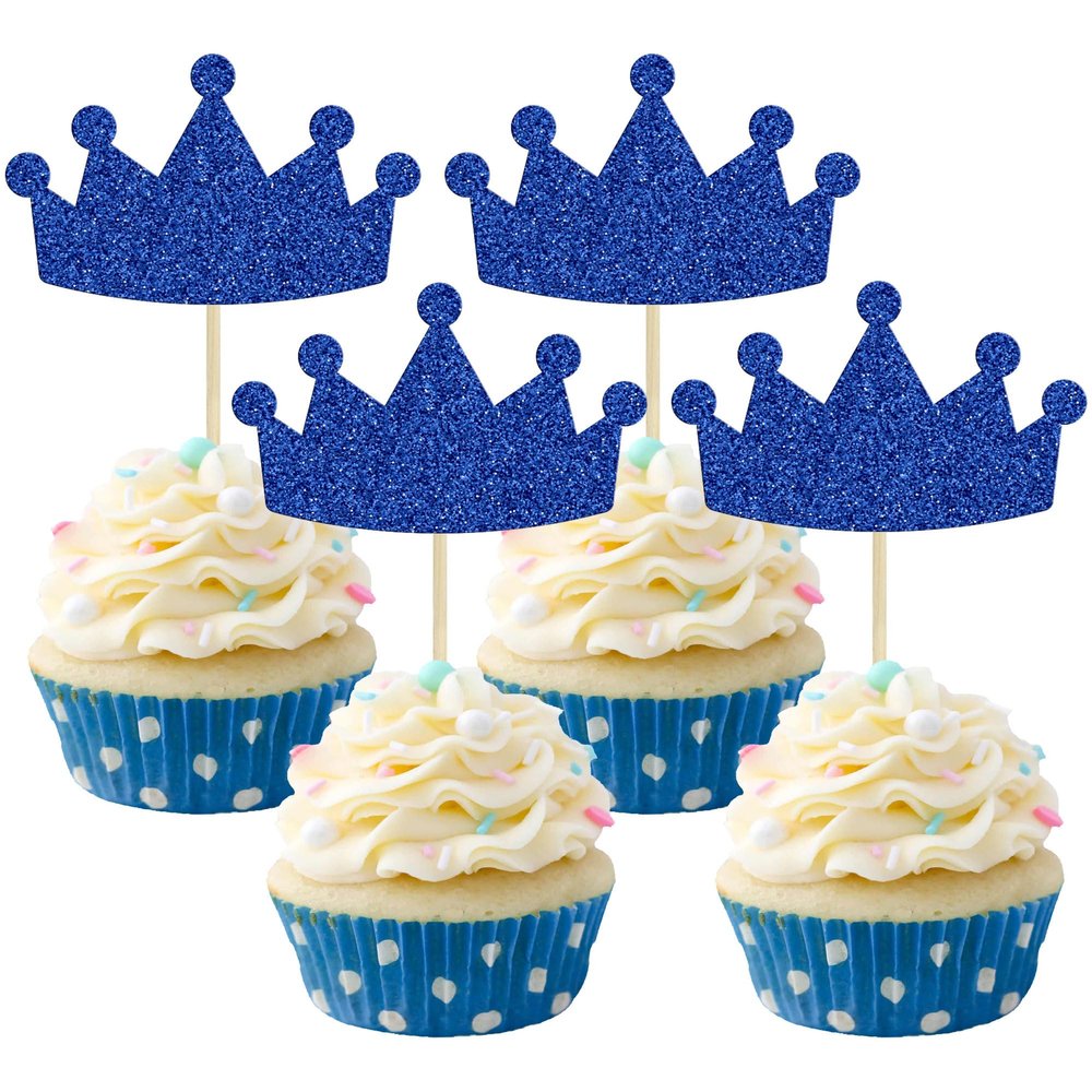 Ephlyn 24Pcs Crown Cupcake Toppers Glitter Queen Crown Cupcake Picks for Queen Princess Theme Baby Shower Girls Wedding Birthday Party Cake Decorations Supplies Dark Blue