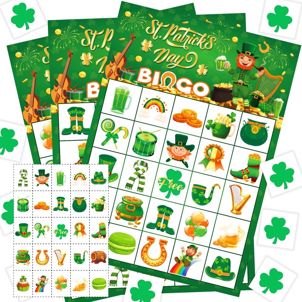 JGCWorker St. Patrick's Day Bingo Game - Fun Party Supplies for Kids Adults, 24 Players, Festive Irish Themed Craft Cards for School Classroom, Family Activities, and St. Patty's Party Favors