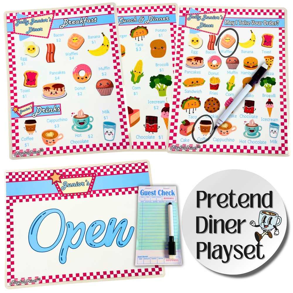 Pretend Resturant Menus For Kids, Diner Menu Playset For Play Food Play Kitchen Accessories, Kids Kitchen playset, Kitchen Set For Toddlers, Toy Kitchen Toys By PlayfulPrints