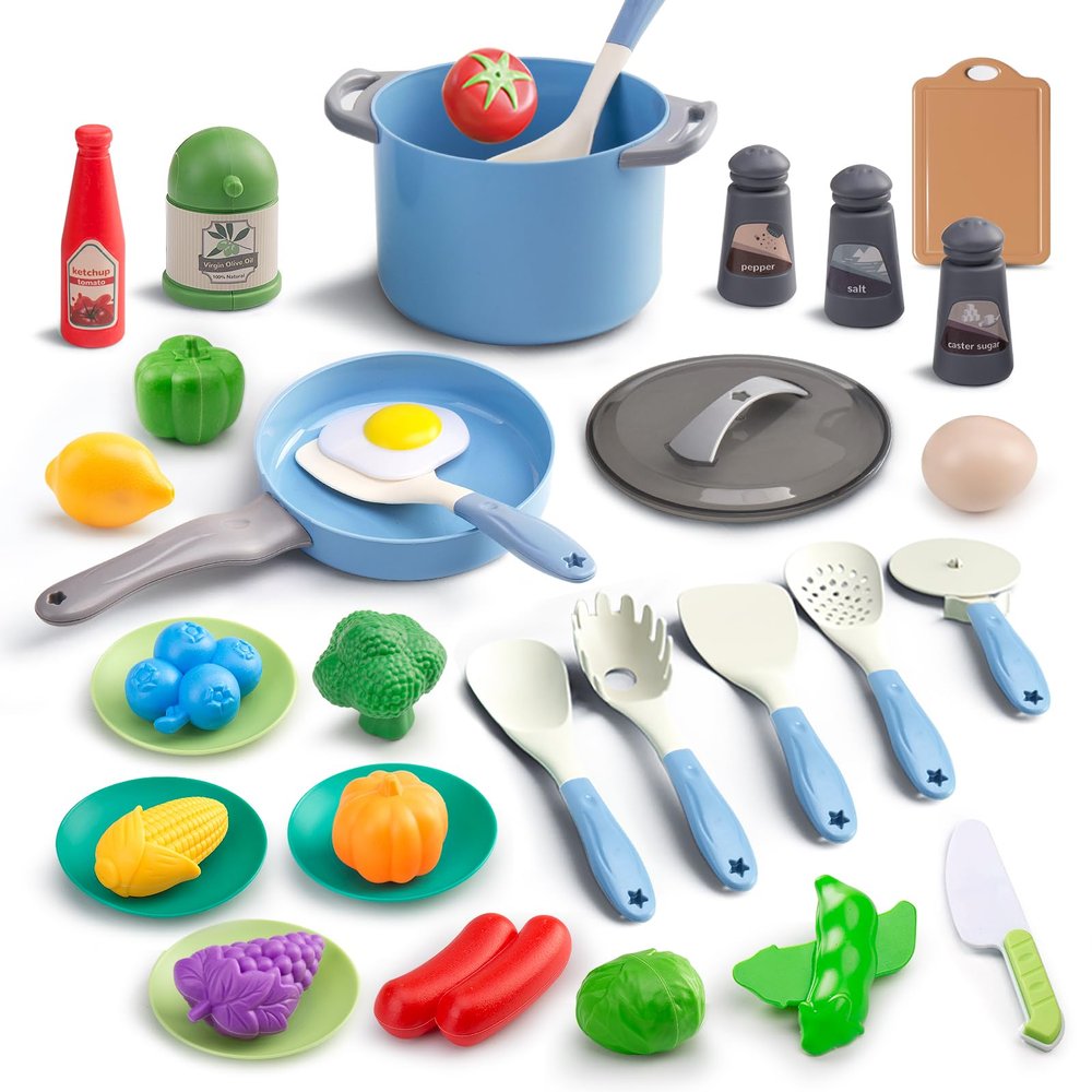 35Pcs Kids Kitchen Toy Accessories, Toddler Pretend Cooking Playset with Play Pots, Pans, Utensils, Cookware, Play Food Set, Toy Vegetables, Learning Gift for Girls & Boys (Blue)