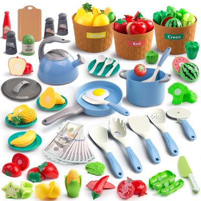 90Pcs Kitchen Playset Accessories, Pretend Cooking with Pots, Pans, Cookware, Food, Fruit, Veges, Color Sorting Baskets, Prop Money, Learning Gift for Girls Boys Toddlers (Blue)