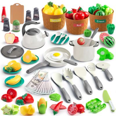 90Pcs Kitchen Playset Accessories, Pretend Cooking with Pots, Pans, Cookware, Food, Fruit, Veges, Color Sorting Baskets, Prop Money, Learning Gift for Girls Boys Toddlers (White)