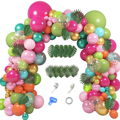 158Pcs Tropical Balloon Arch Garland Kit, Hawaiian Luau Aloha Flamingo Party Decorations Olive Green Hot Pink Orange Rose Gold Confetti Balloons Palm Leaves Birthday Baby Shower Summer Beach Supplies