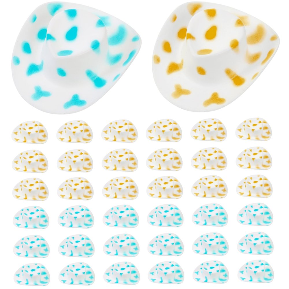 LUOZZY 40pcs Mini Western Cowboy Hat Blue/Yellow and White Cowgirl Hat for DIY Crafts Plastic Miniature Doll Dress Hat Dollhouse Accessories