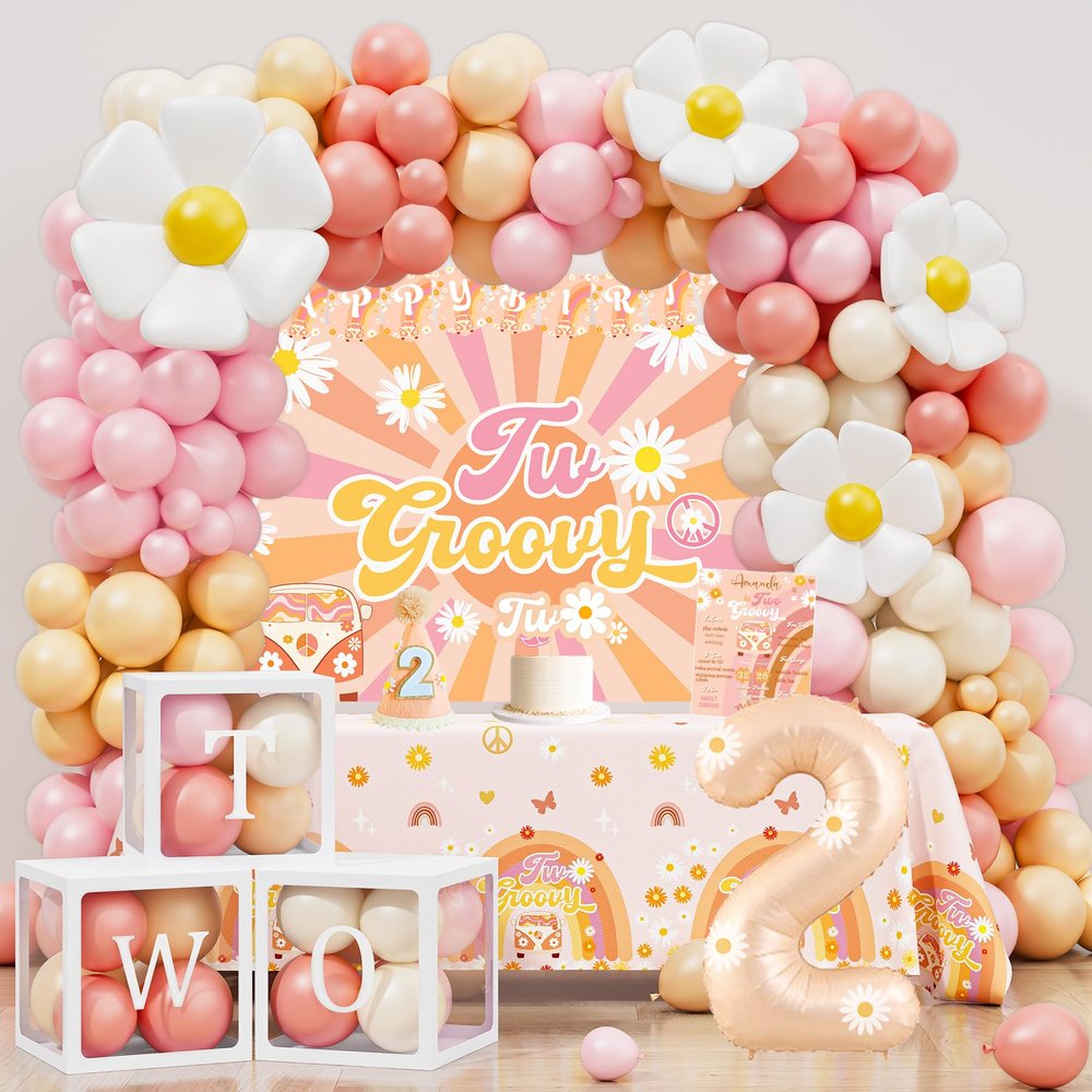 YJDFWAUT Two Groovy Party Decorations, Two Groovy Birthday Party Supplies, Daisy Groovy 2nd Birthday Dcor, Daisy Boho Rainbow Second Bday Decor for Baby Girl