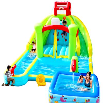 WELLFUNTIME Inflatable Bounce House Double Slides with Blower, Bouncy Castle with Rock Climbing, Jumping Area for Basketball