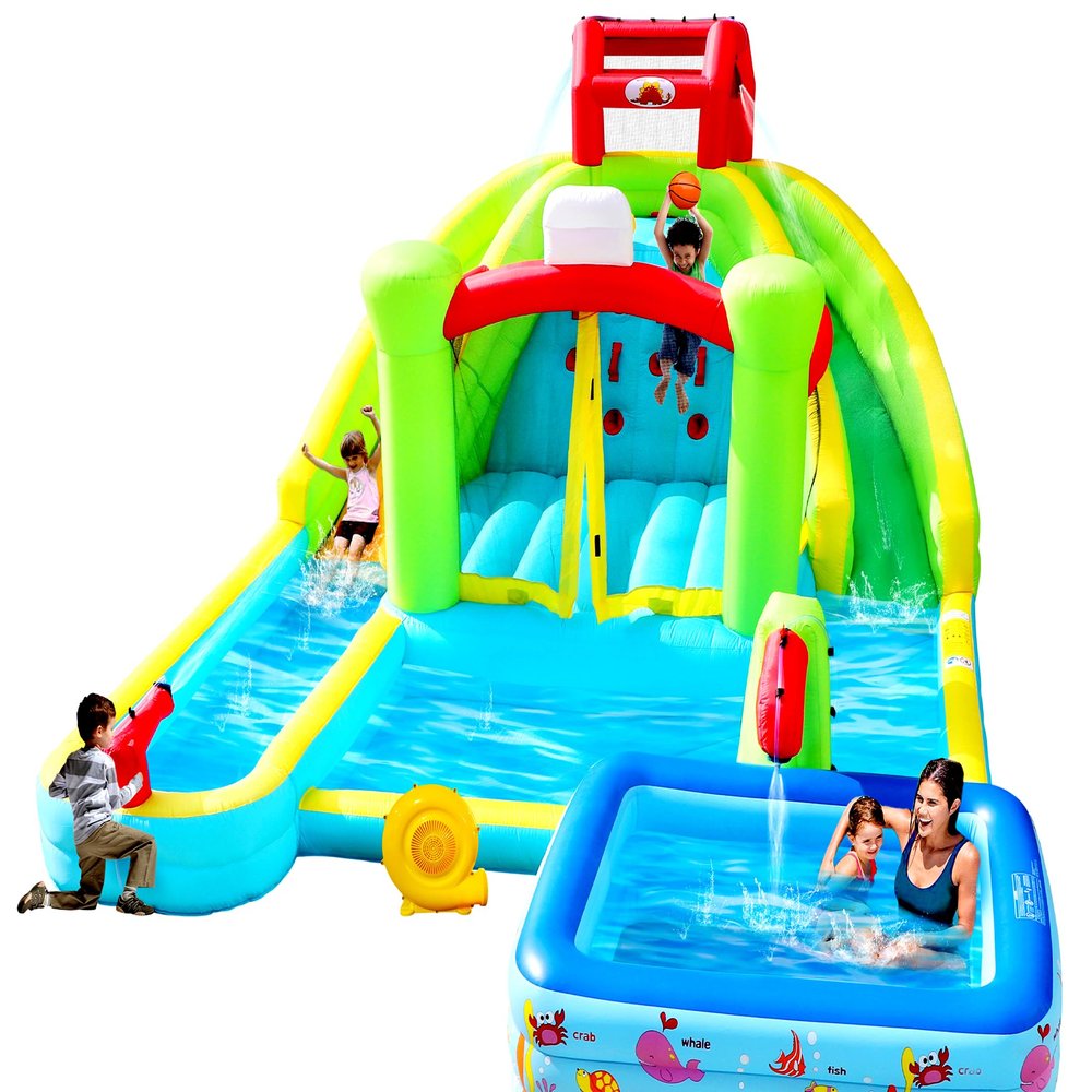 WELLFUNTIME Inflatable Bounce House Double Slides with Blower, Bouncy Castle with Rock Climbing, Jumping Area for Basketball