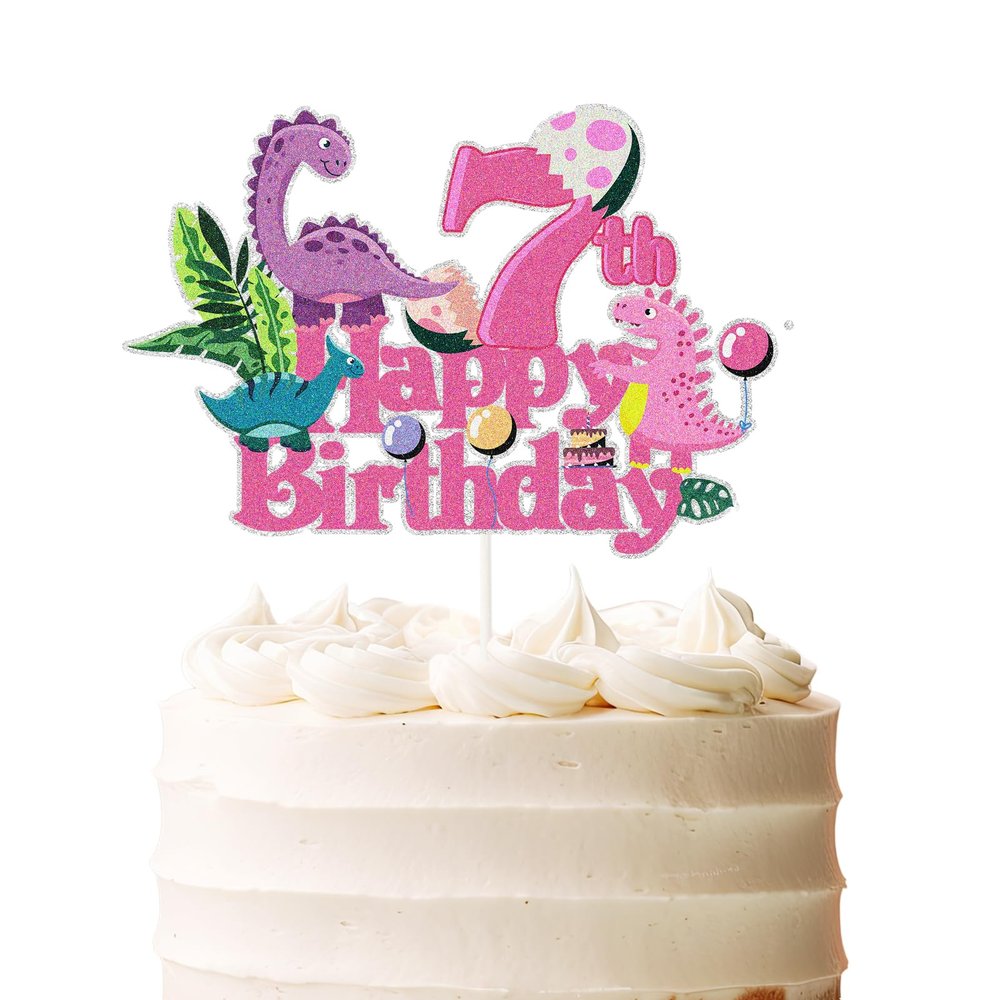 Pink Dinosaur Happy 7th Birthday Cake Topper, Royal Princess Seven Birthday Number 7 Girl Dinosaur Cake Pick,Dino Theme Baby Shower Kids Girls 7 Years Old Party Decorations