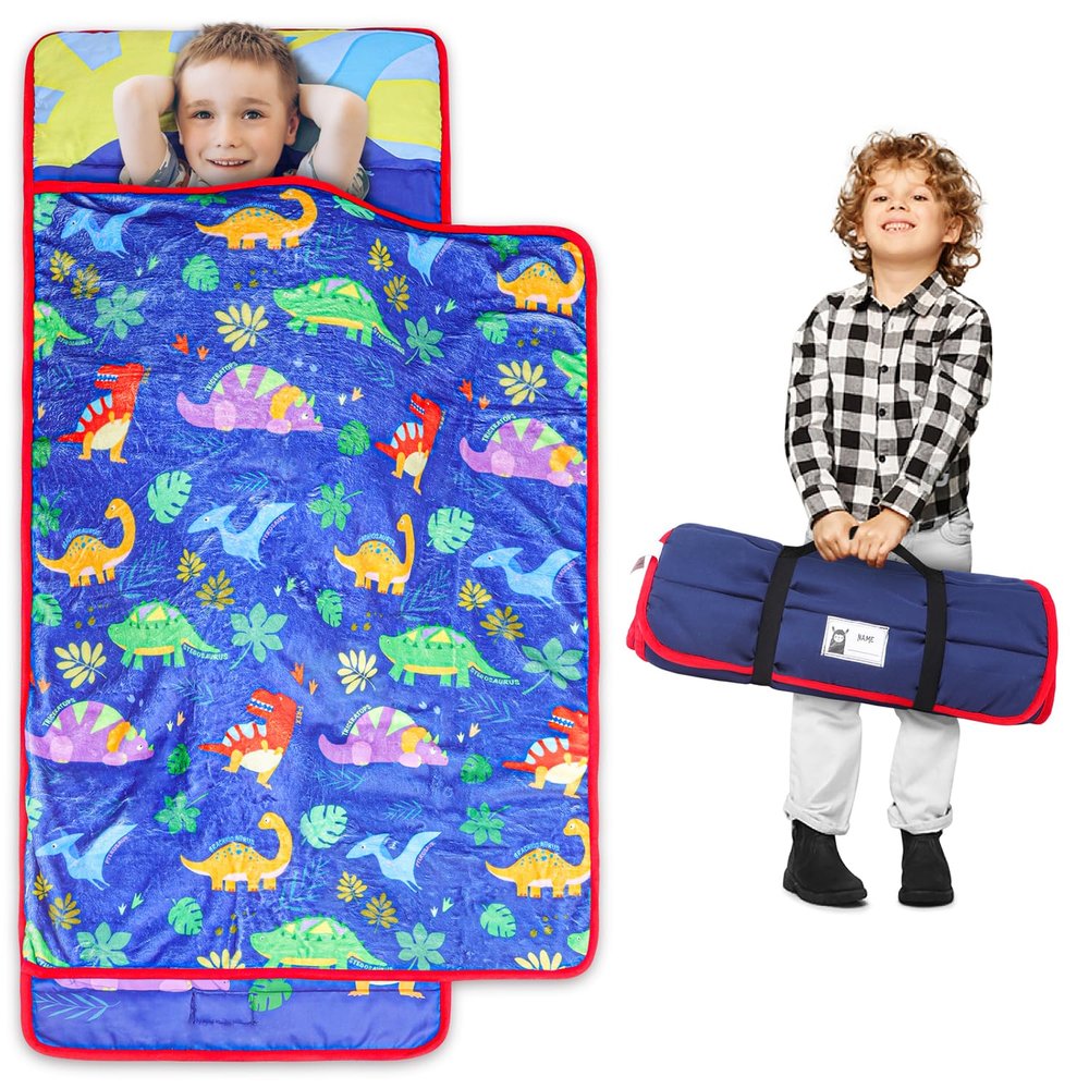 TANOSHII Kids Nap Mat Set 53x21 Includes Pillow and Fleece Blanket Daycare and Preschool Must Haves for Toddlers Dinosaur Pattern