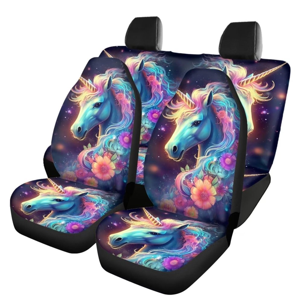 PinUp Angel Pink Floral Aqua Unicorn Print Cool Animal Patterned Seat Cover Full Sets, Cute Car Seat Cover, Universal Fit for SUV, Vans, sedans, Trucks, Automotive Interior Covers